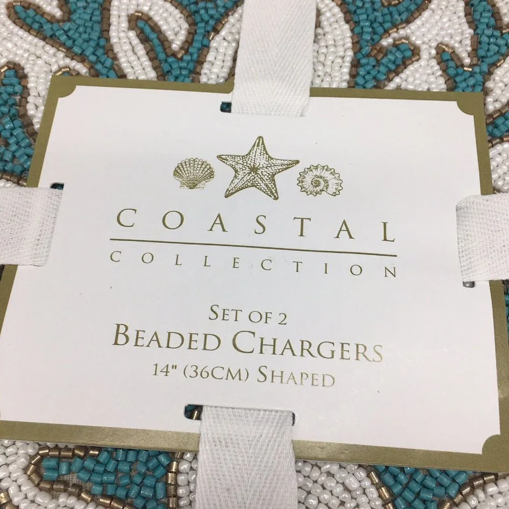 x2 Coastal Collection Beaded Ocean Blue Coral Reef Placemat Set Beach Decor 15